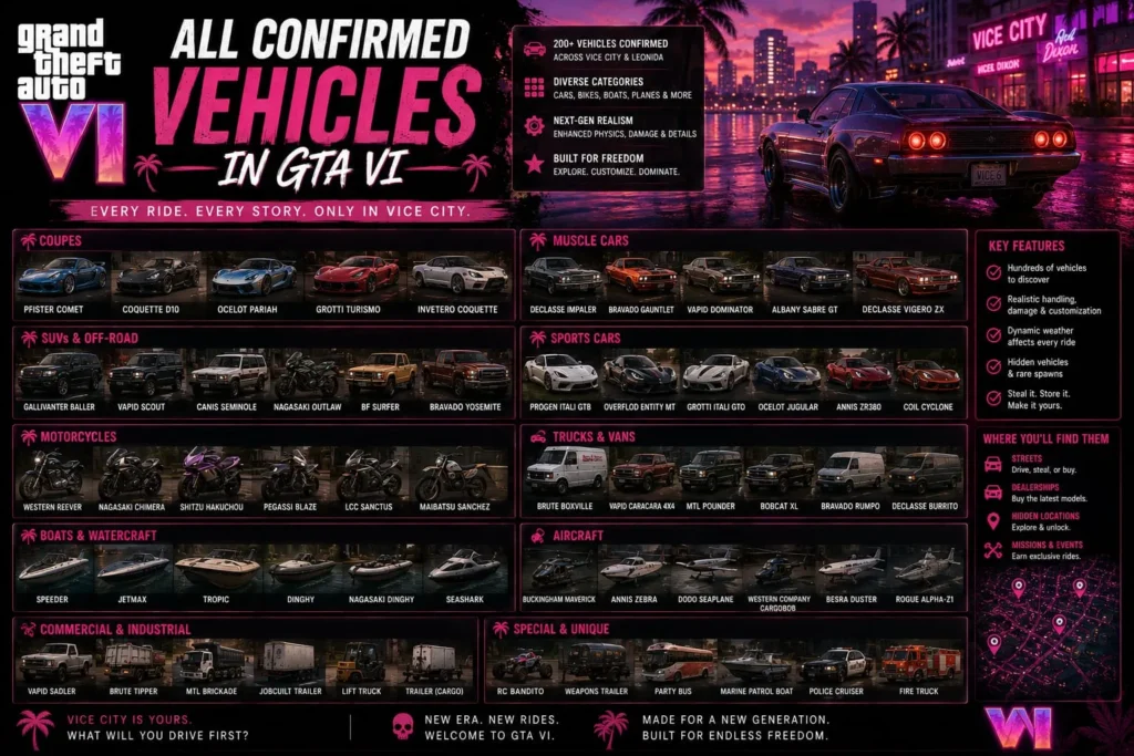 All Confirmed Vehicles in GTA VI
